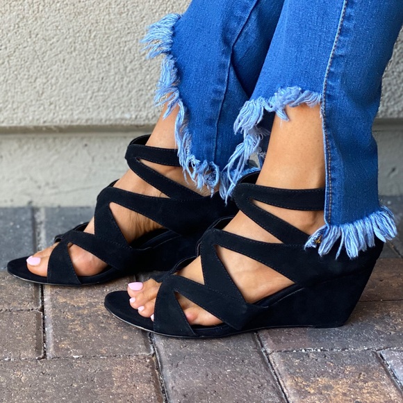 Black Strappy Peep Toe Wedge Ankle Bootie Pump - Picture 5 of 10